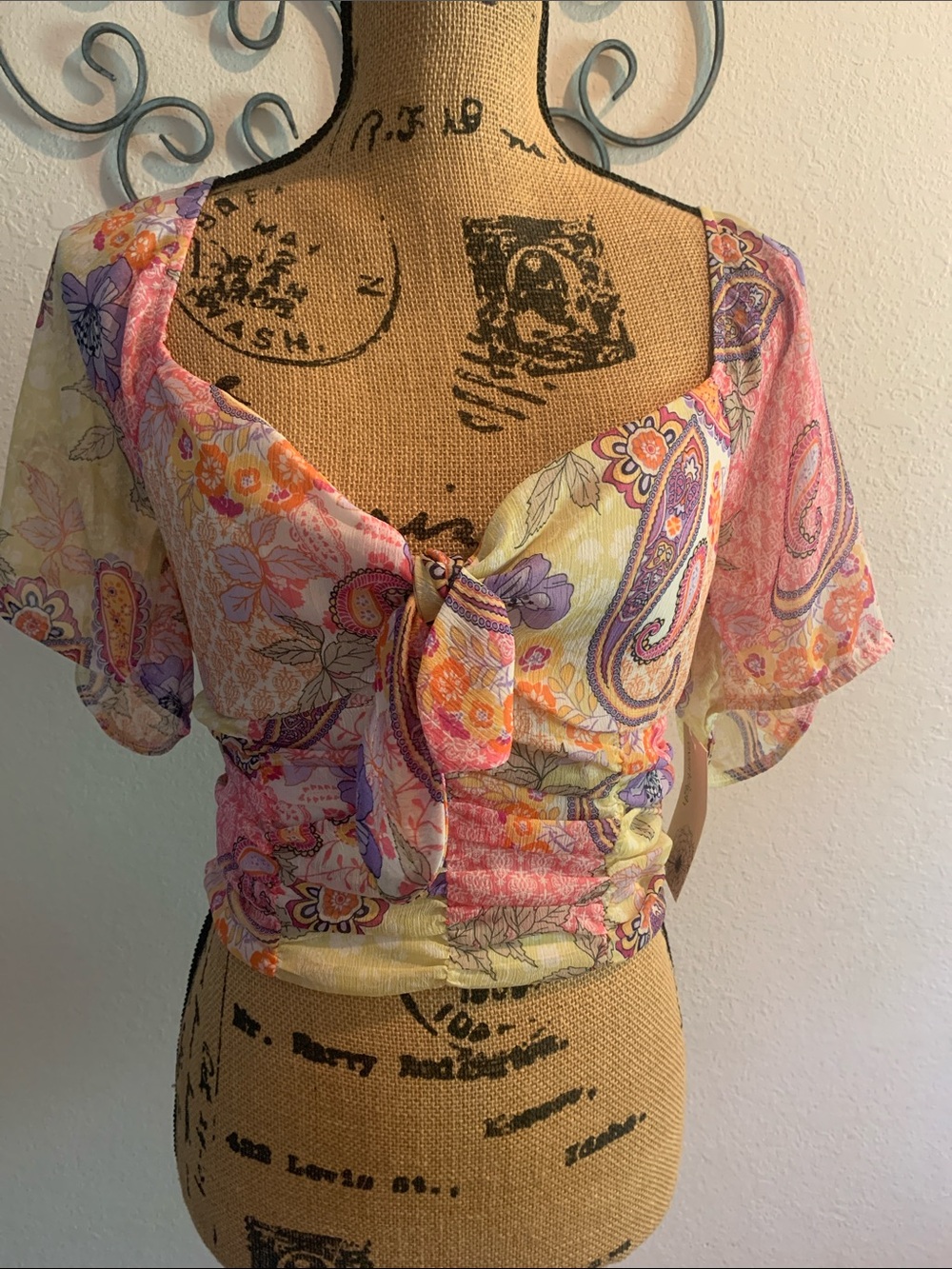 everleigh Paisley Floral Tie-Front Crop Top — Pink, Yellow & Purple